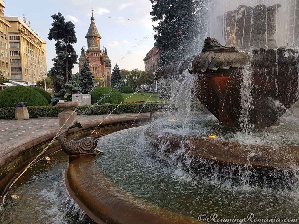 View of the Timisoara Orthodox Cathedral from the Fish Fountain in Victory Square