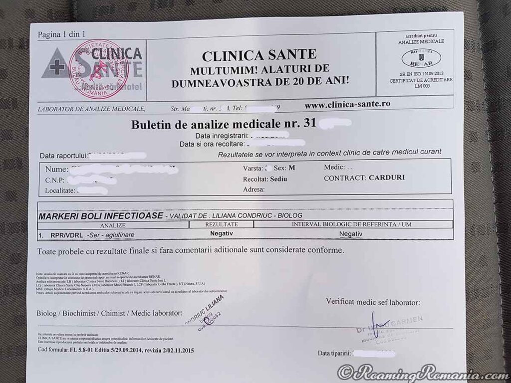 Buletin de Analize - Romanian Marriage Medical Exam