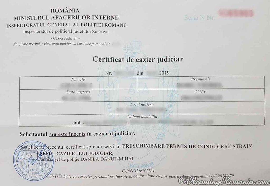Romanian Criminal Record Certificate (Certificat Cazier Judiciar)